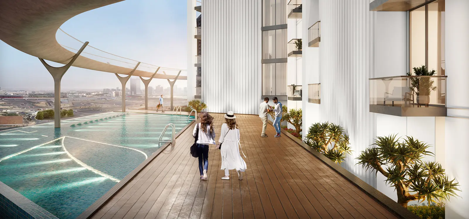 Pool deck beside the elevated sky track