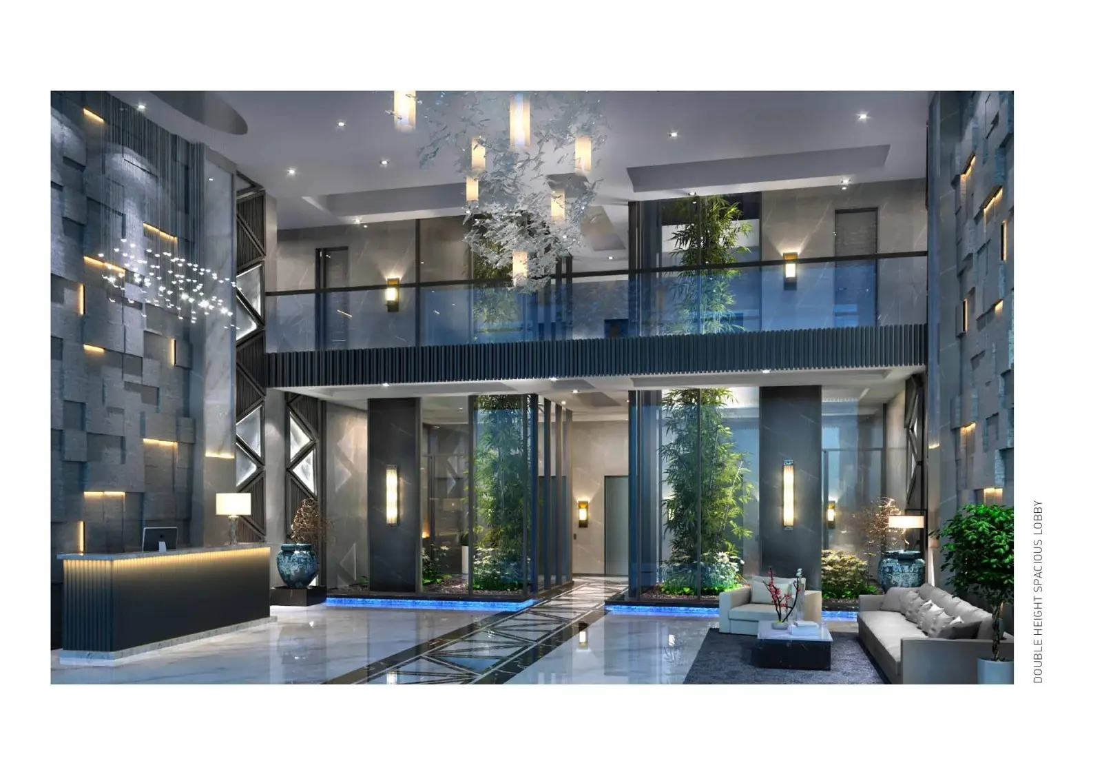 Double height lobby with vertical gardens