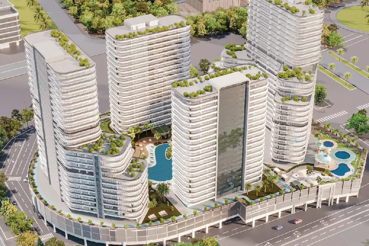 Aerial view of four towers above the mall podium