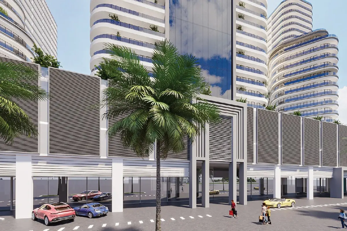 Street-level view of the mall podium and tower base
