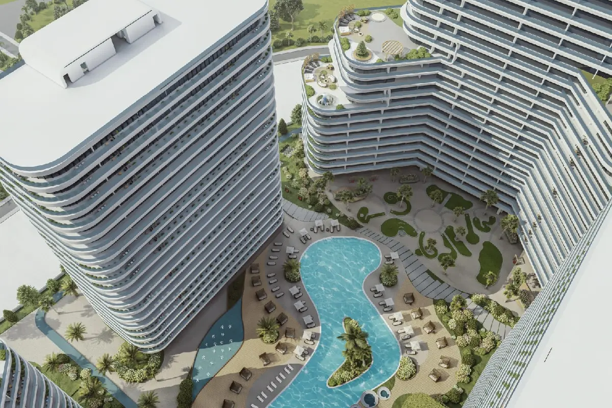 Aerial view of the pool and mini golf