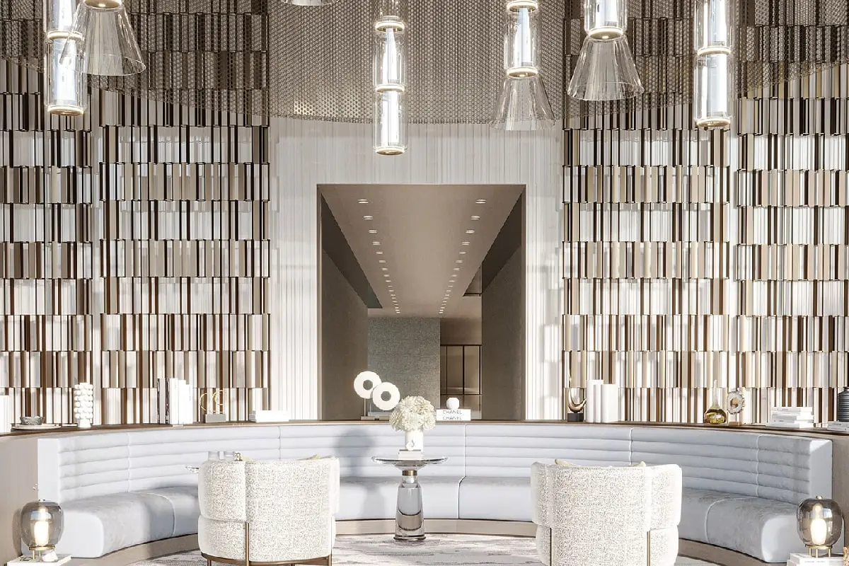 Lobby lounge with curved sofa and pendant lights