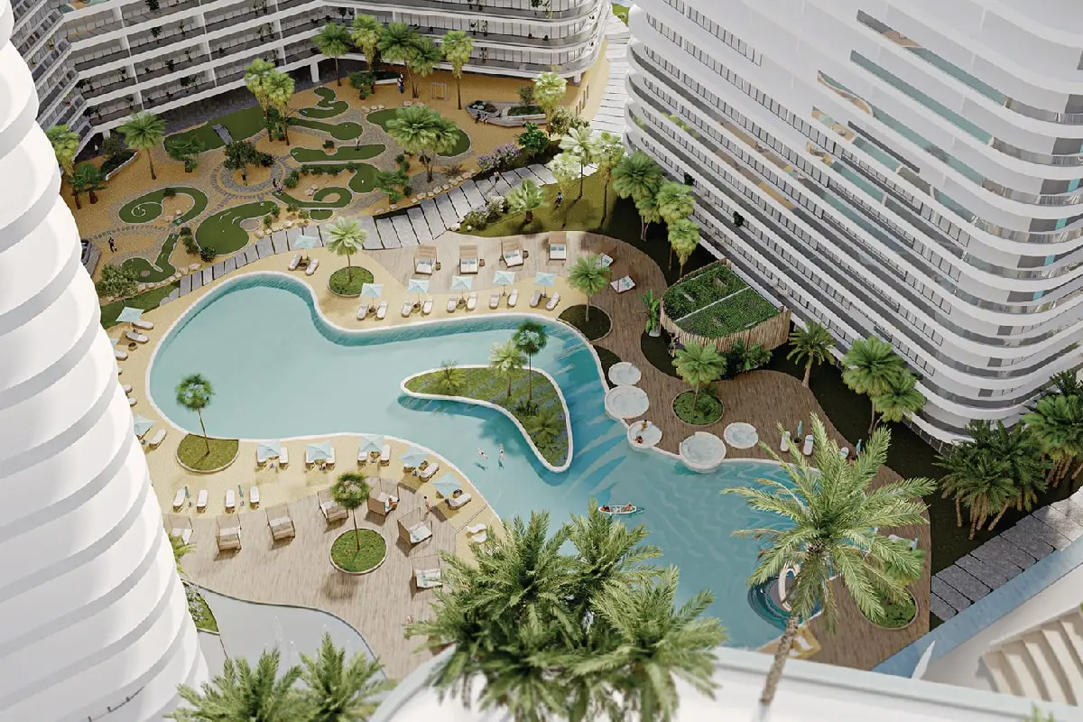 Free-form pool with island and sun loungers