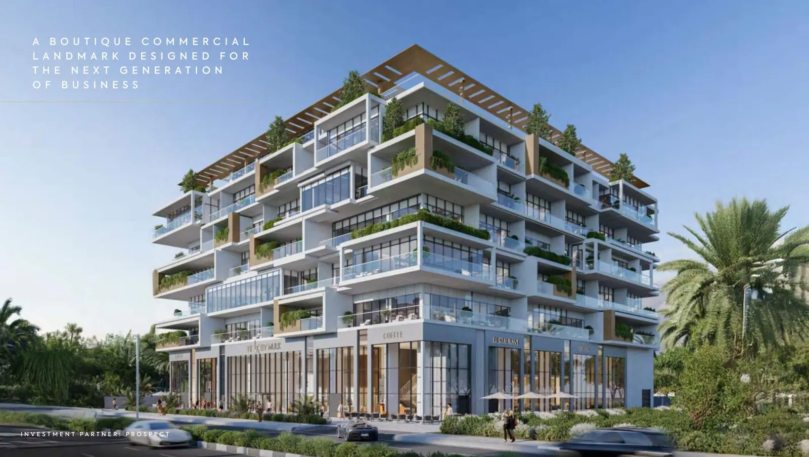 Stacked terraced tower with retail ground floor