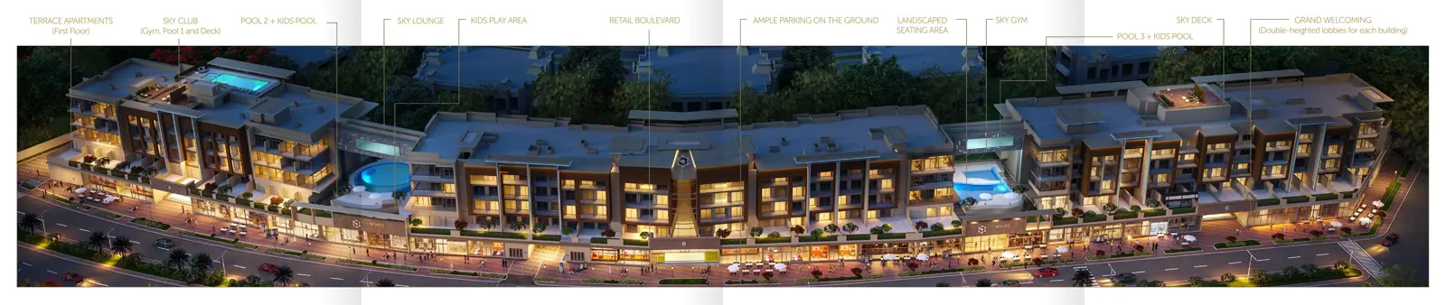Night aerial view of the three buildings with labelled amenities