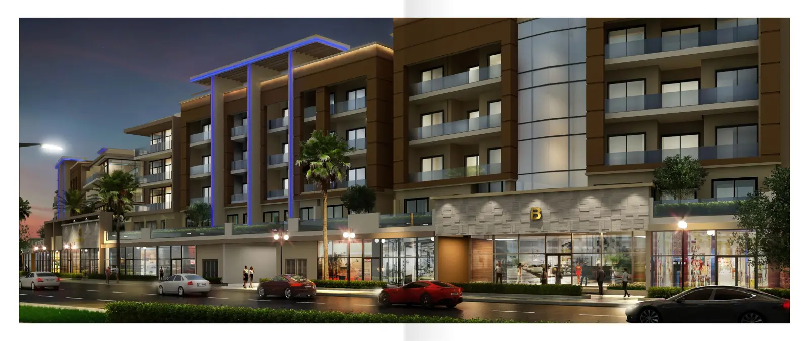Building facade and entrance of block B at night