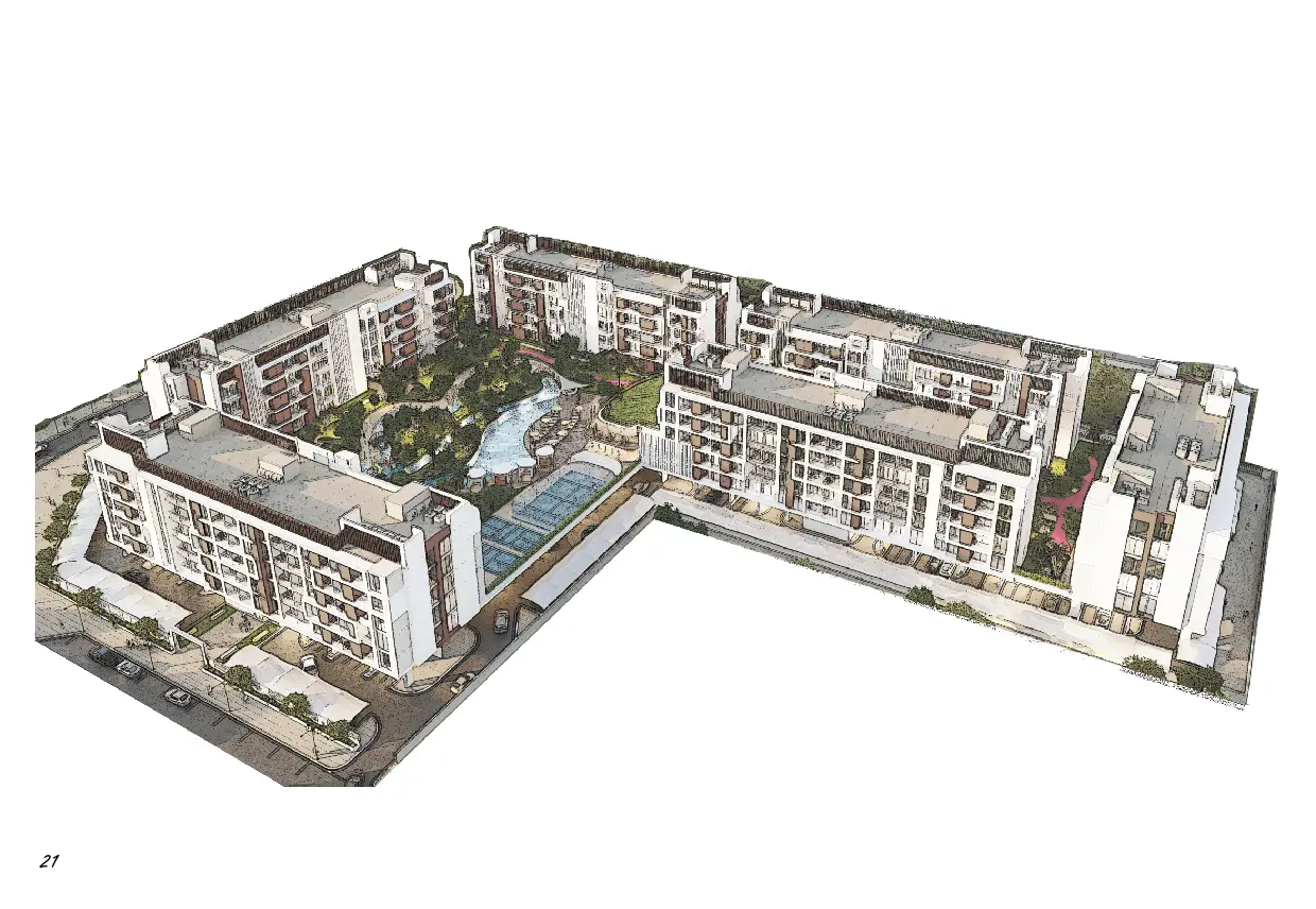 Project picture: Torino Building 3. Aerial 3D view of six buildings around the pool