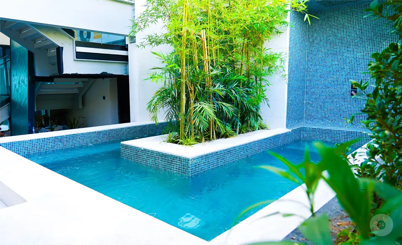 Project picture: Torino Building 3. Small tiled pool with bamboo planter