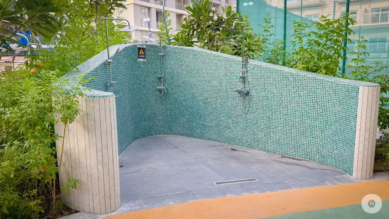 Tiled outdoor rain shower area