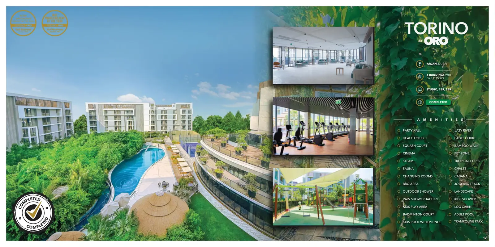 Torino buildings, pool and gardens, brochure page