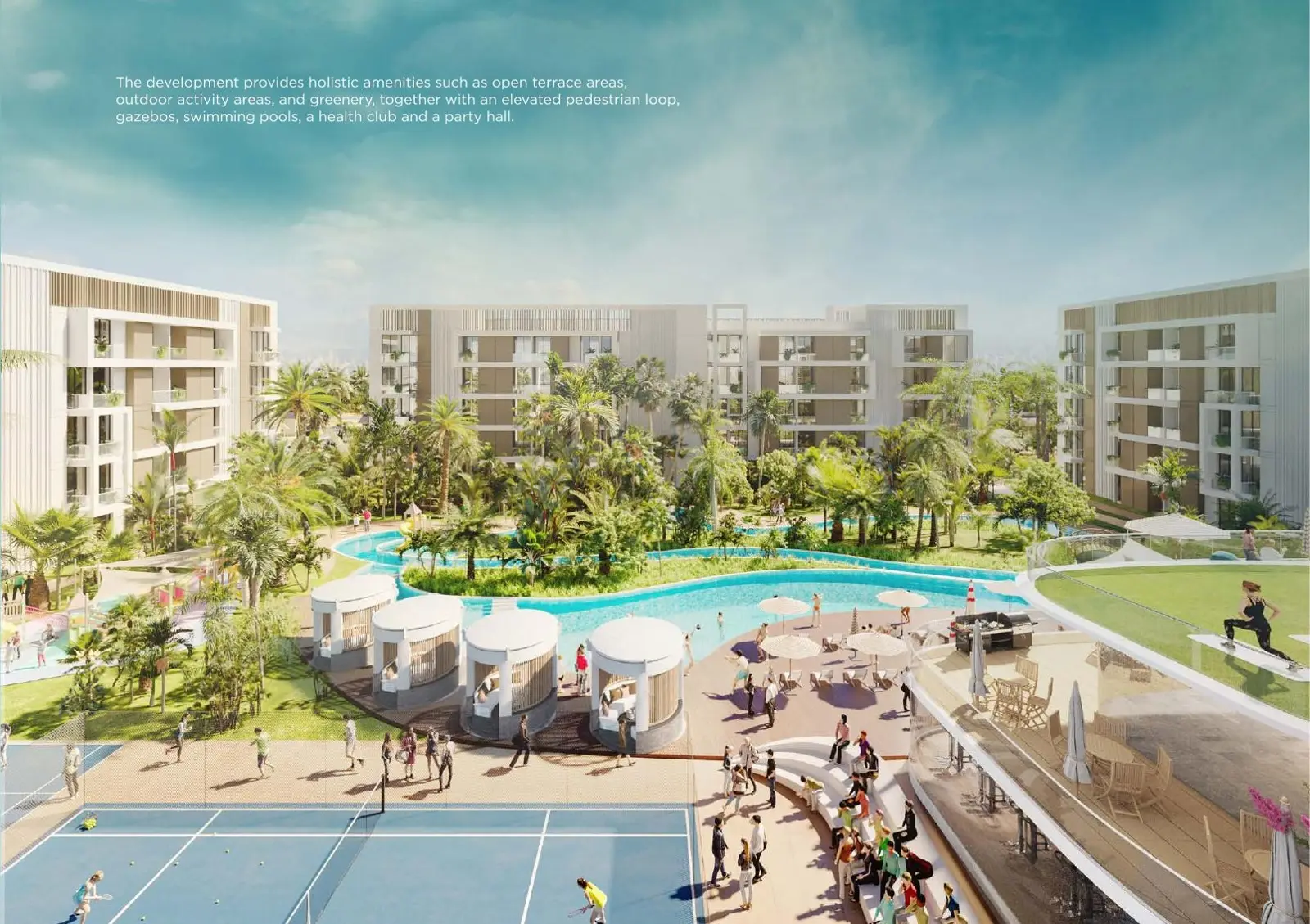 Pool, cabanas and tennis court amid palm trees
