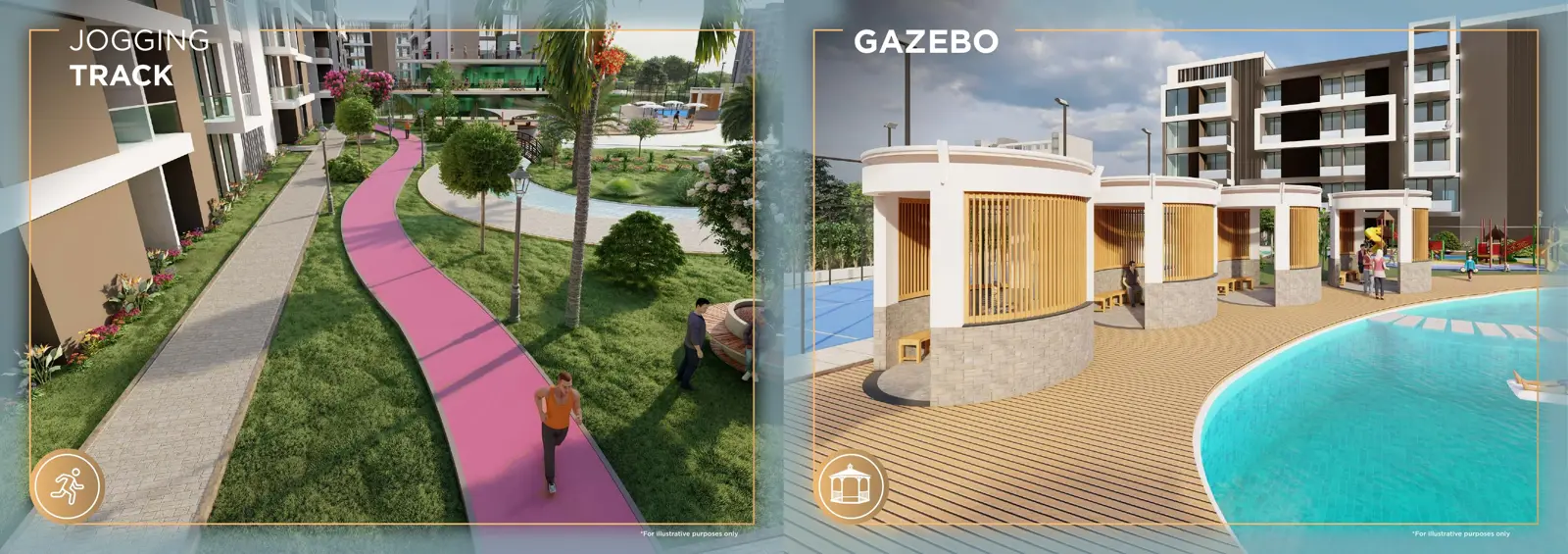 Jogging track and pool-side gazebos