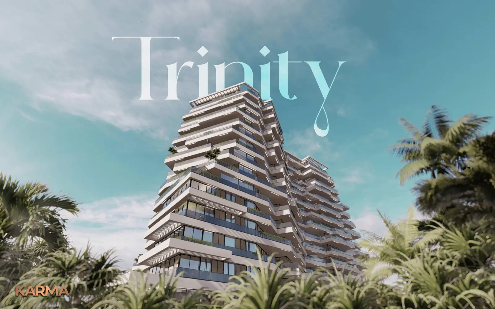 Stepped terraced tower seen from below through palms