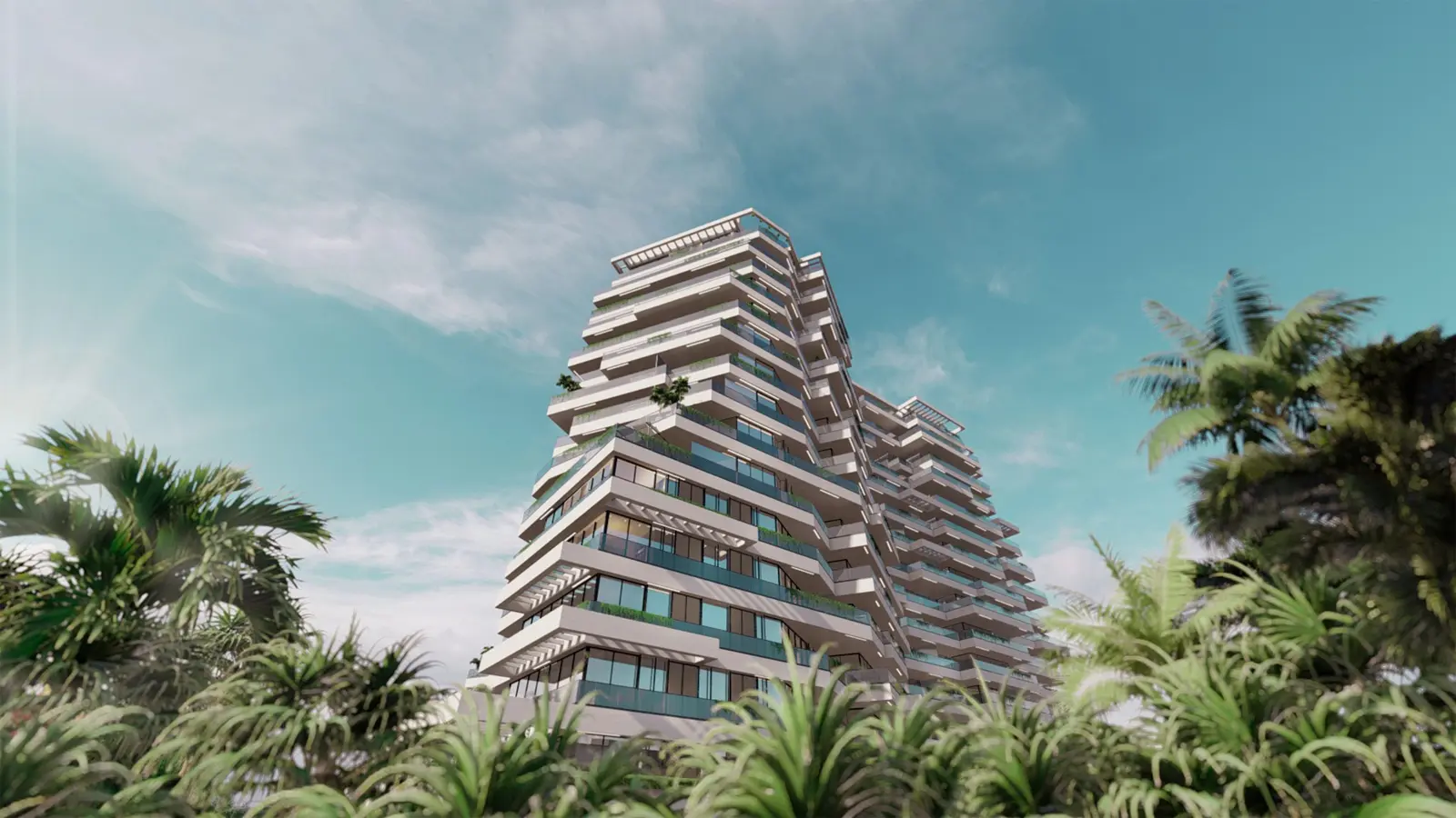 Terraced tower seen from below through palms