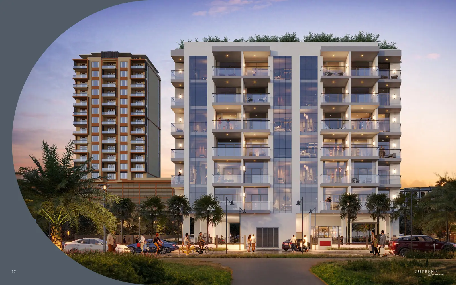 Building facade at dusk with rooftop greenery