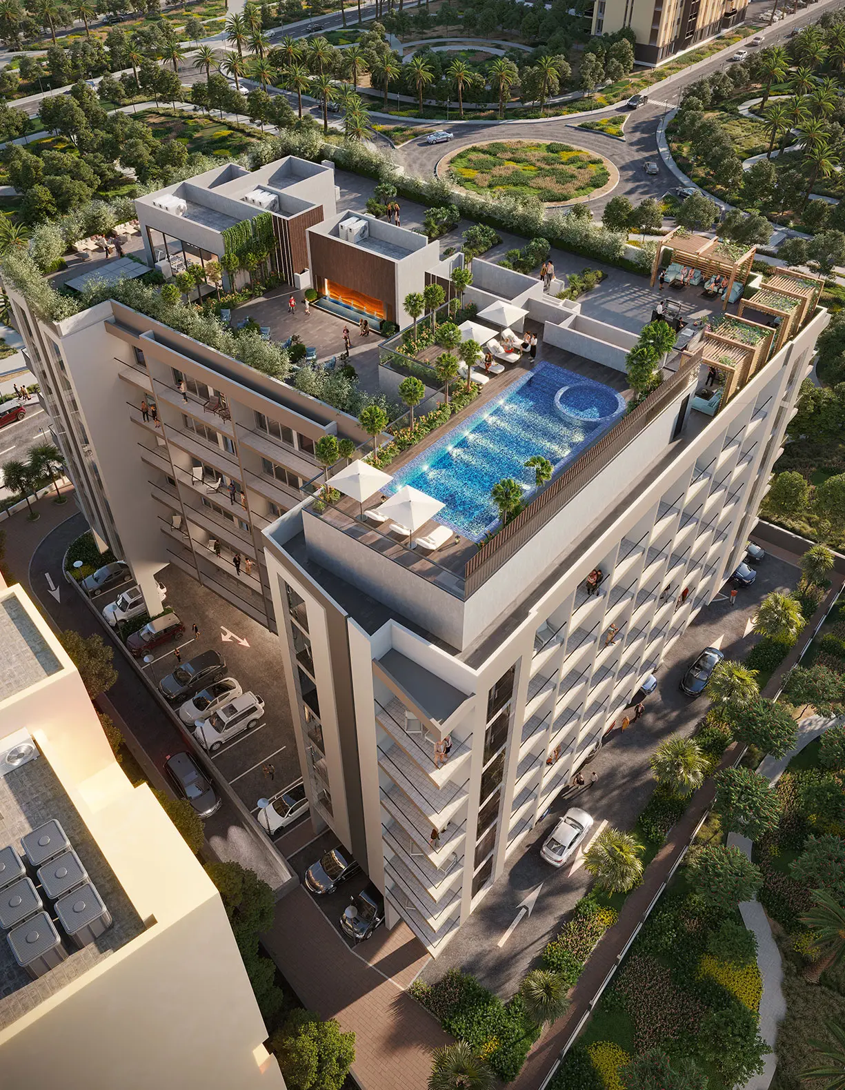 Aerial view of the building with rooftop pool deck