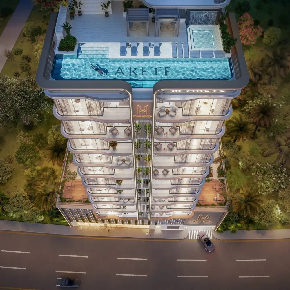 Aerial view of the tower and rooftop pool