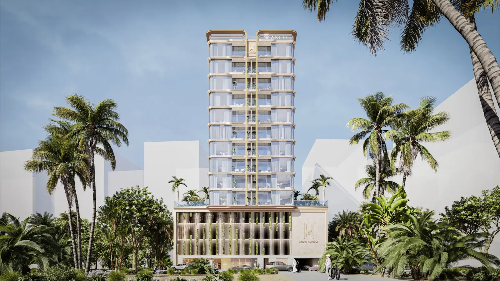 Street view of the tower with palm trees