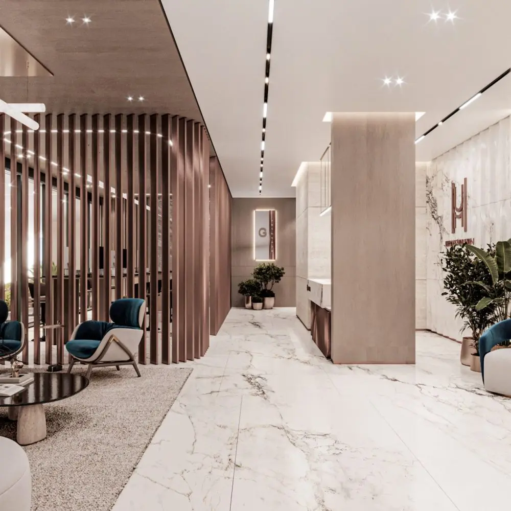 Ground floor lobby with marble floor and reception