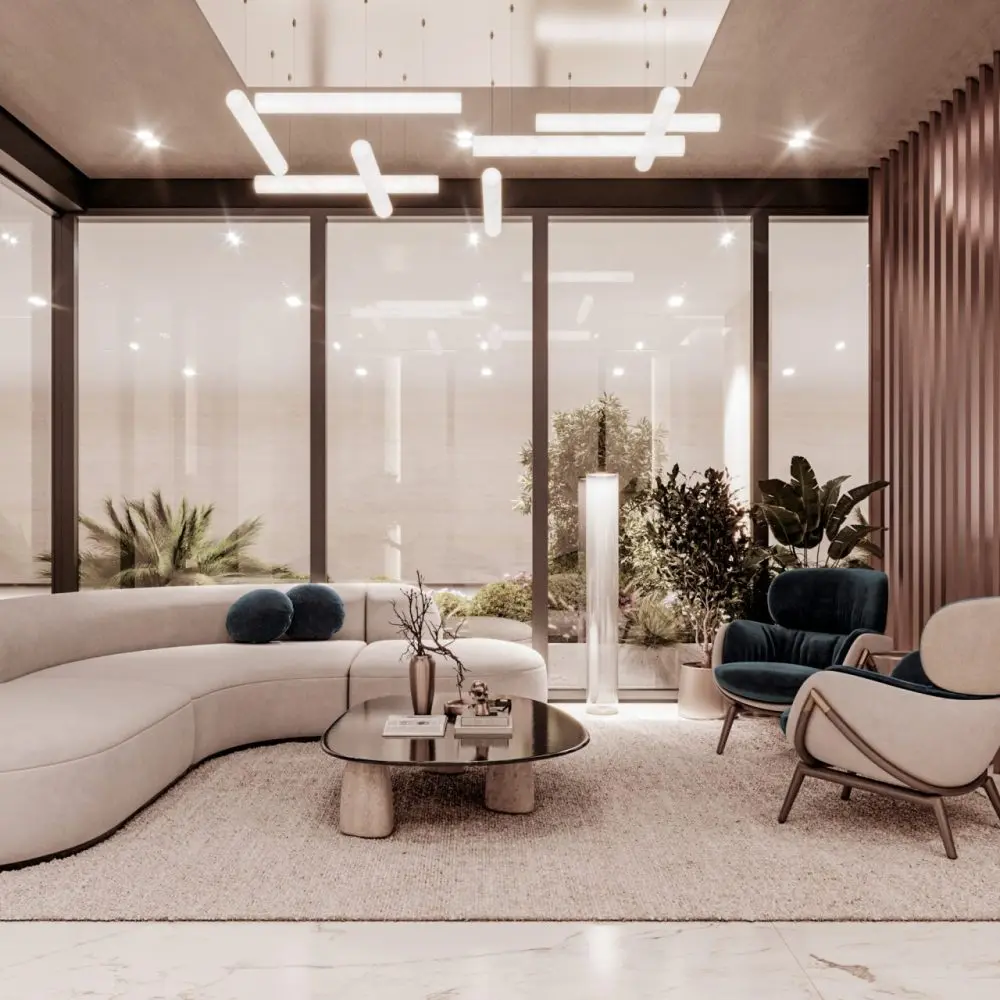 Lobby lounge with curved sofa and garden view