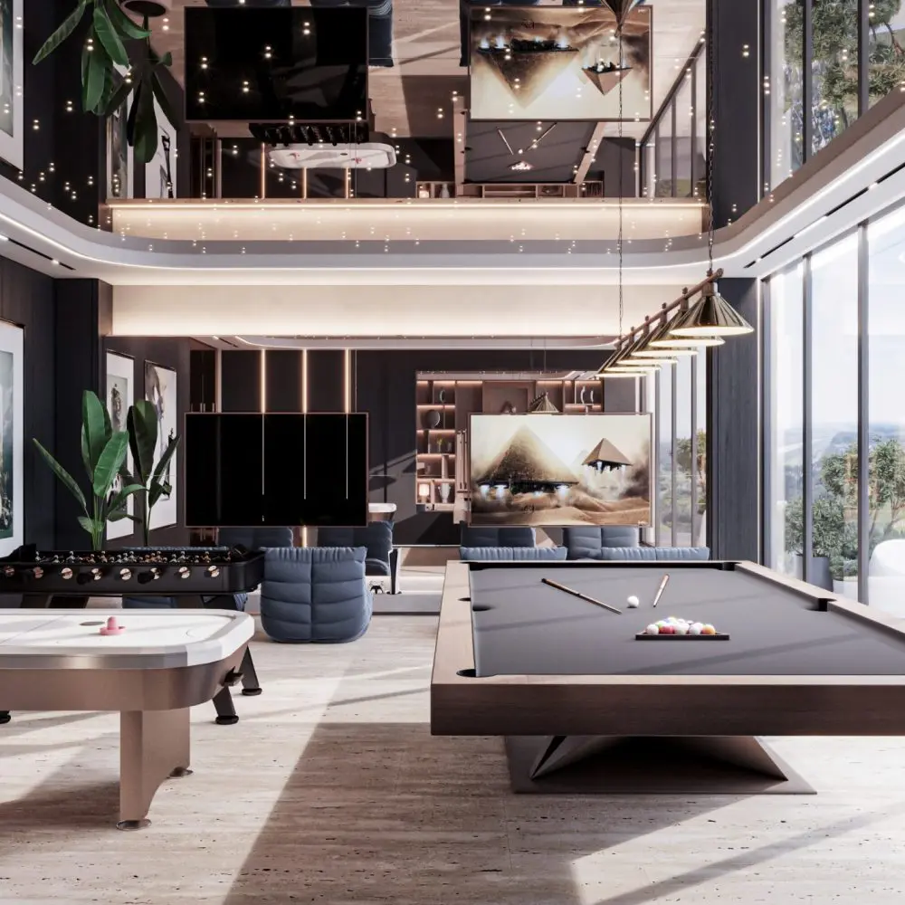 Games lounge with billiard table and air hockey