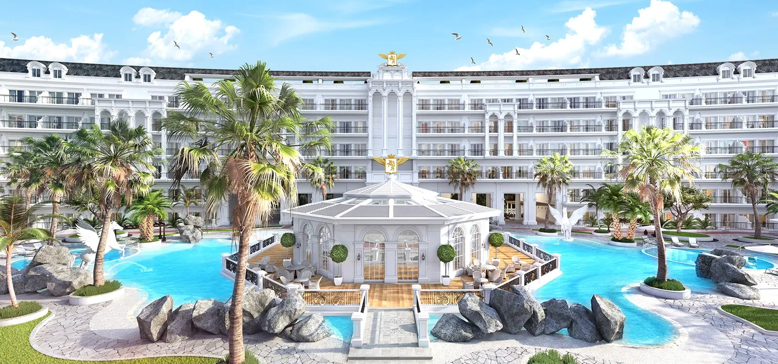 Lagoon pool and pavilion before the facade