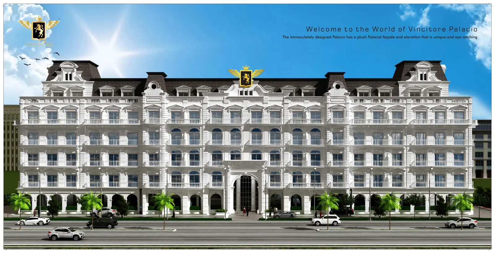 Full front facade of the white building