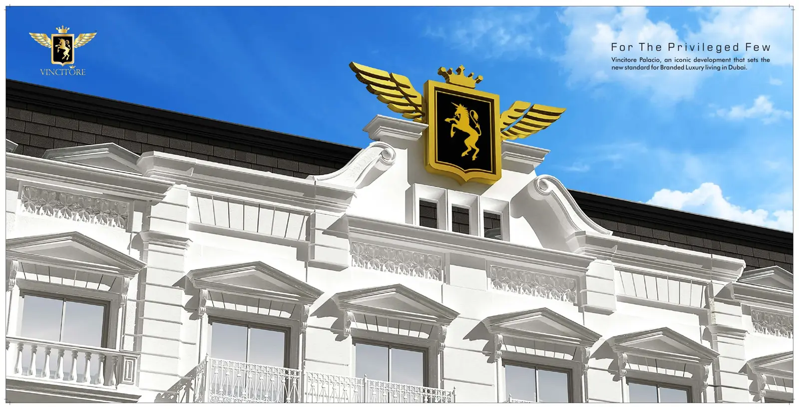 Facade detail with crest and balconies