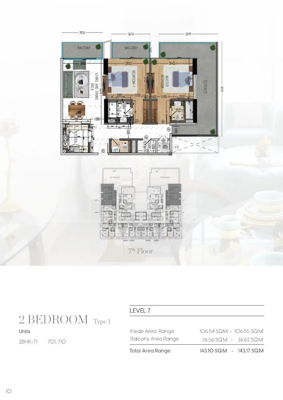 Two bedroom Type 1 plan on the 7th floor