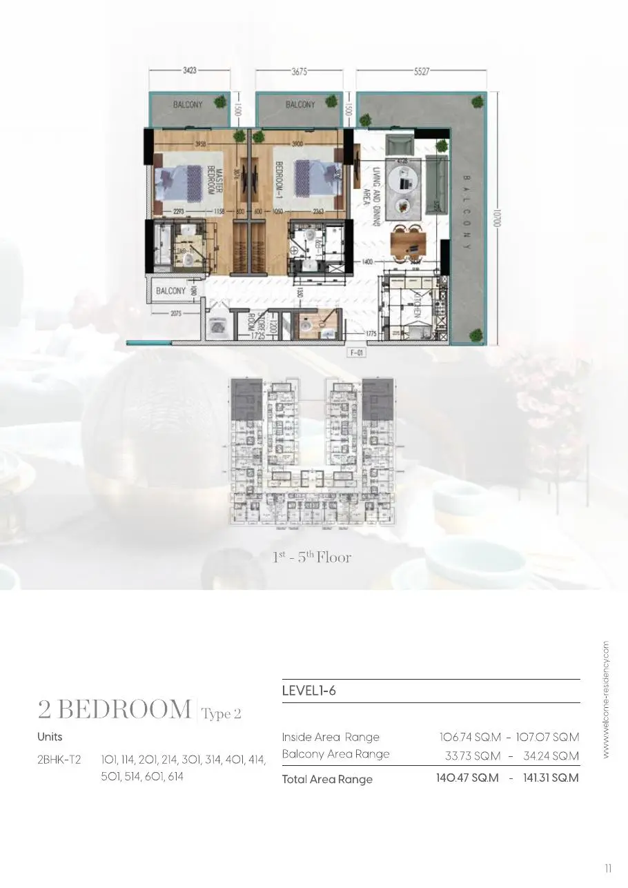 Two bedroom Type 2 plan for floors 1 to 5