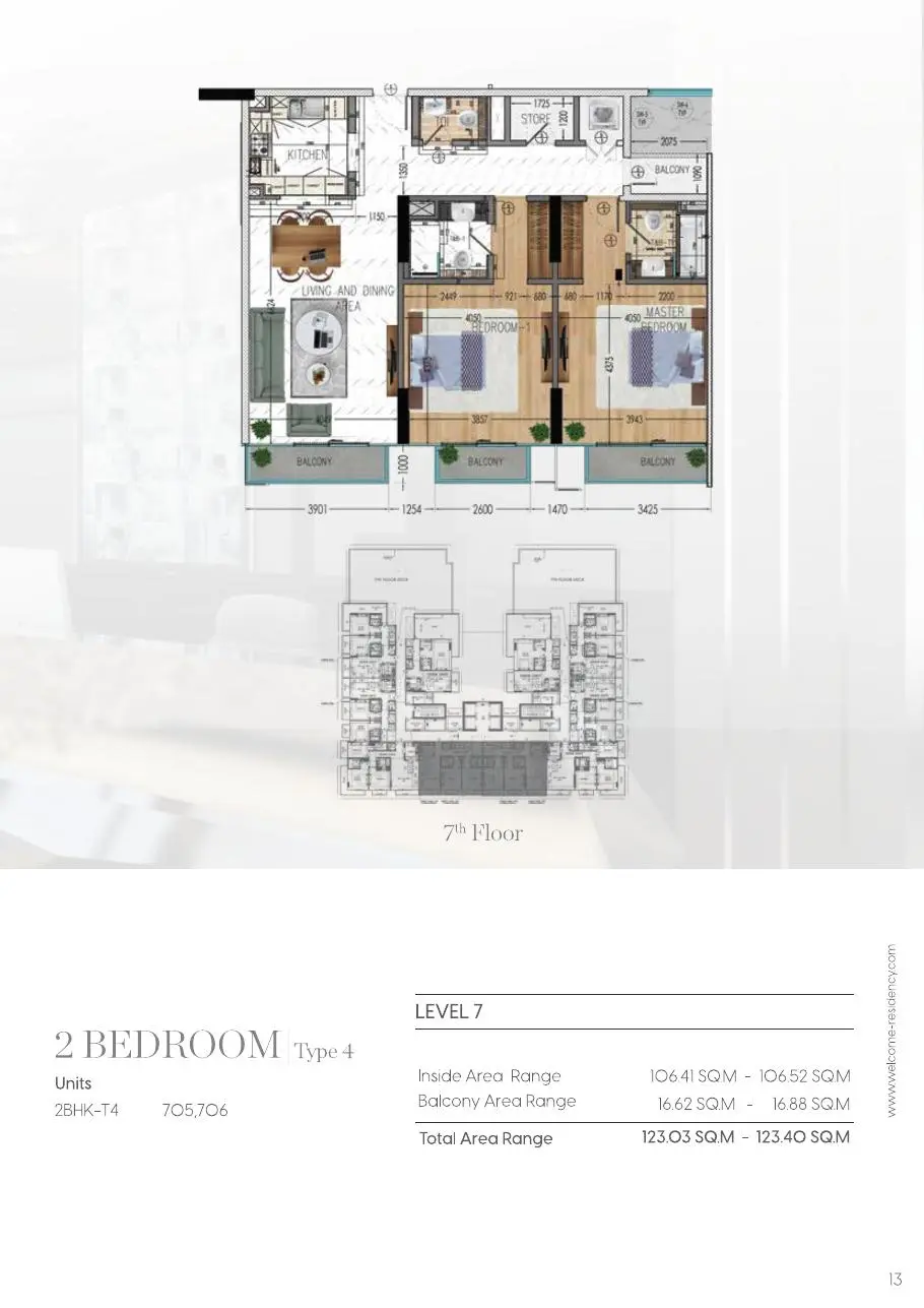 Two bedroom Type 4 plan on the 7th floor
