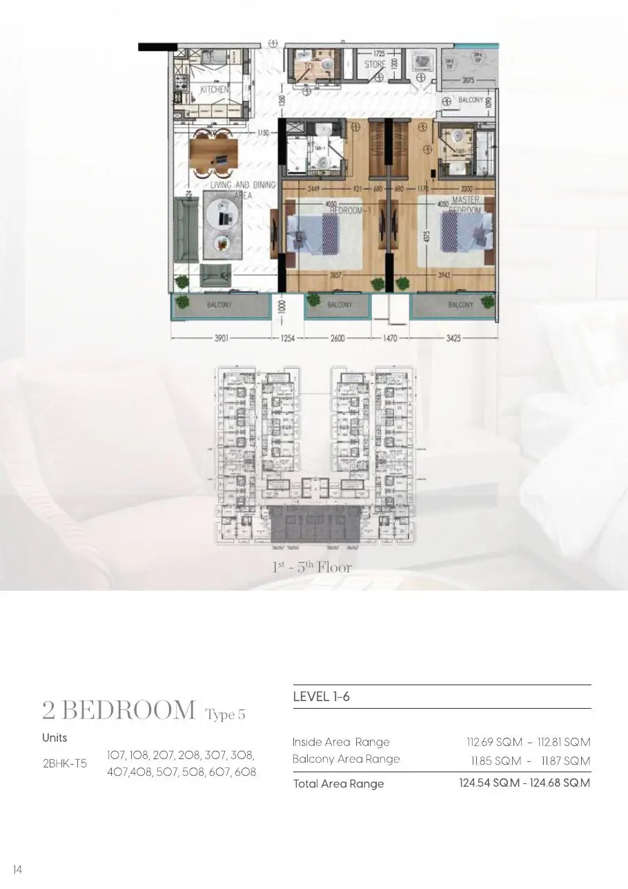Two bedroom Type 5 plan for floors 1 to 5