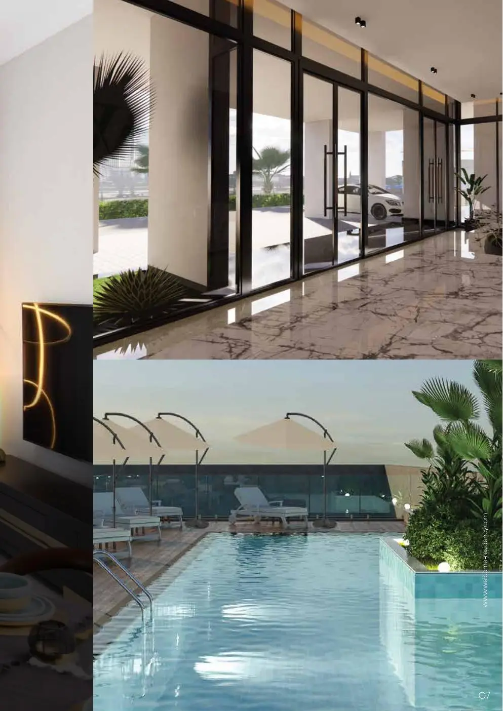 Glass entrance above and pool deck with loungers below