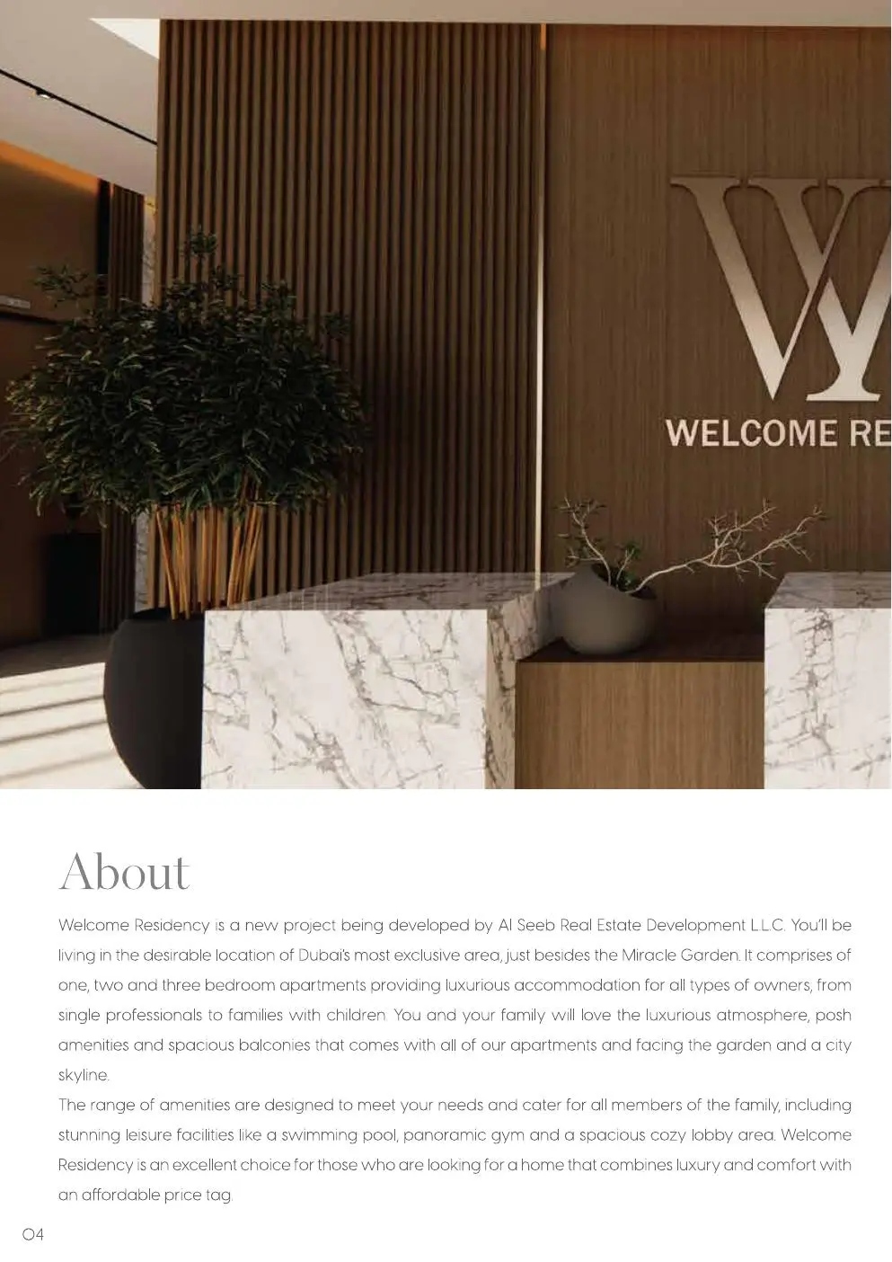Lobby reception desk with wood panels and marble
