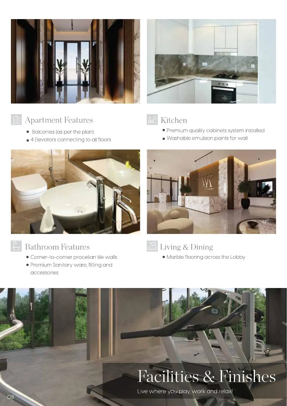 Collage of lobby, kitchen, bathroom and gym finishes