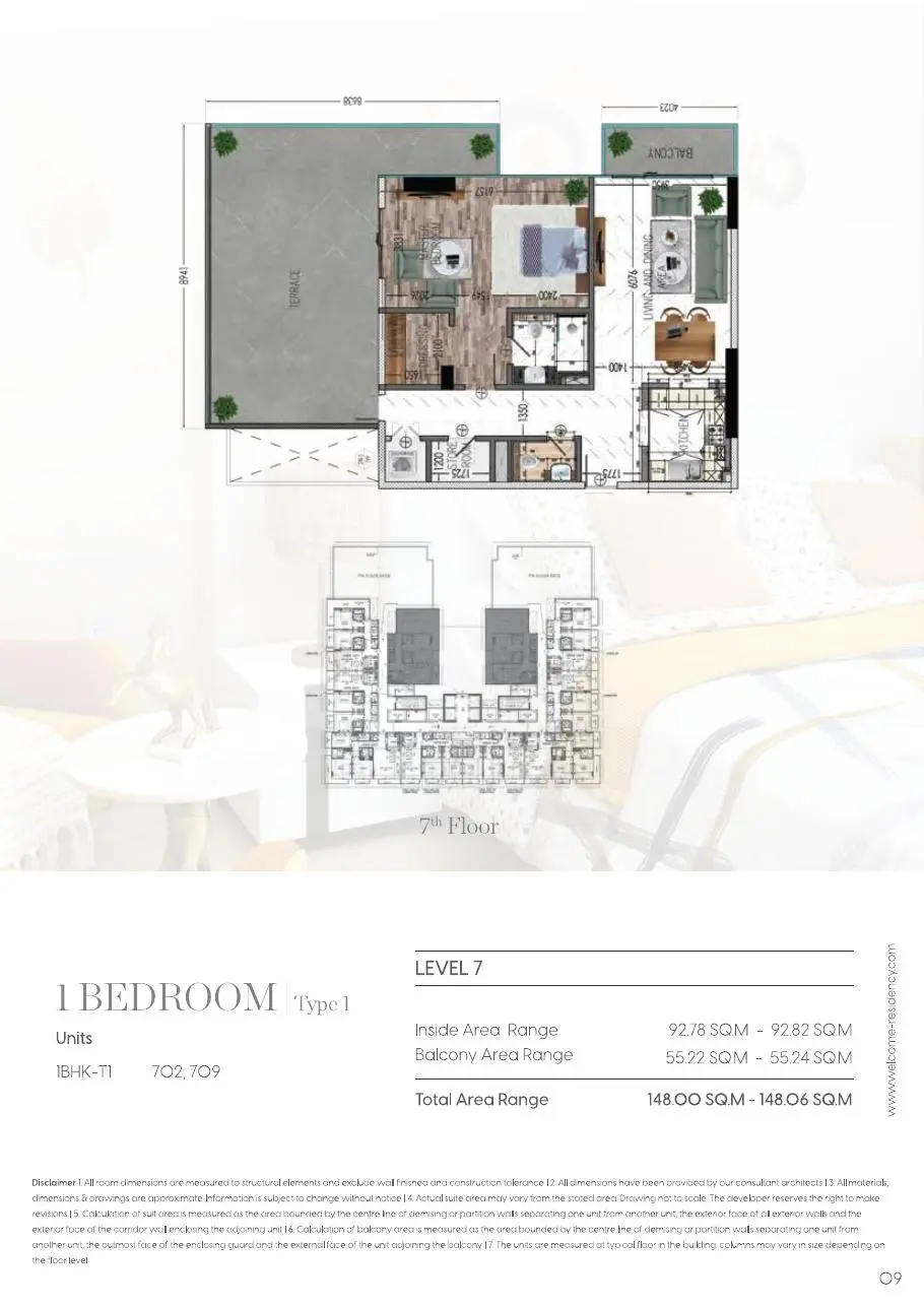 One bedroom Type 1 plan on the 7th floor