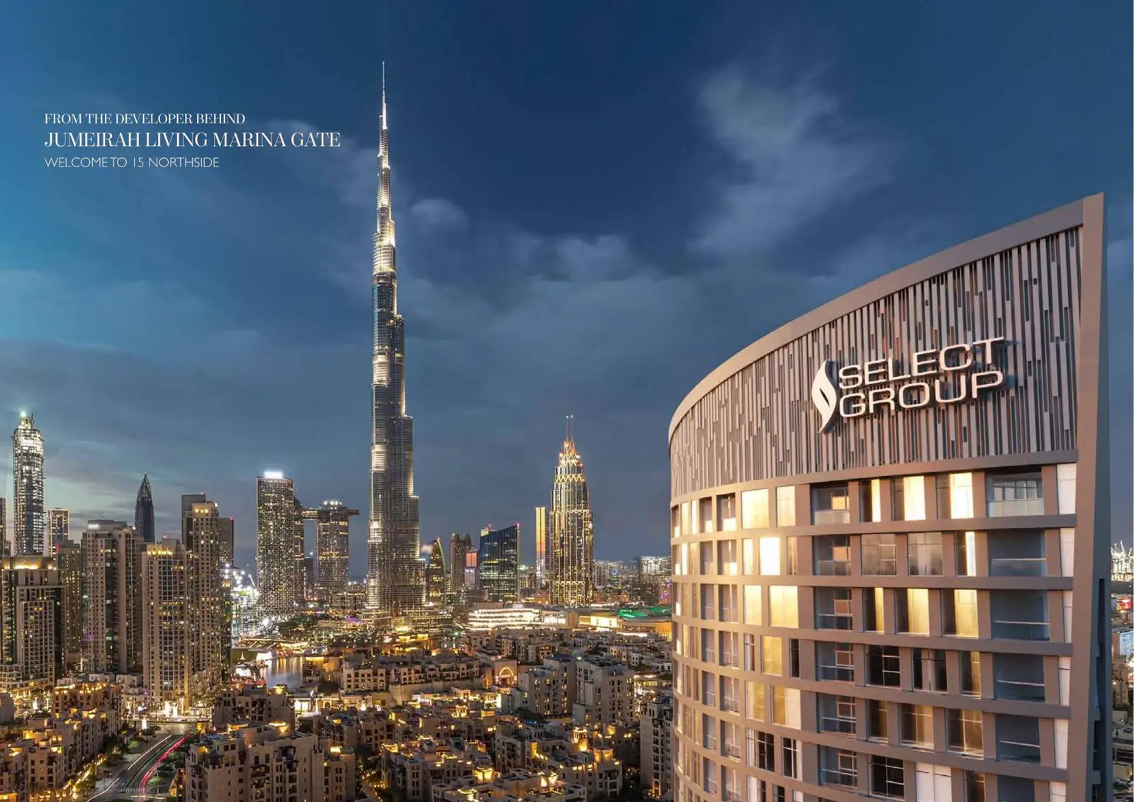 Tower facade with Select Group sign beside Burj Khalifa