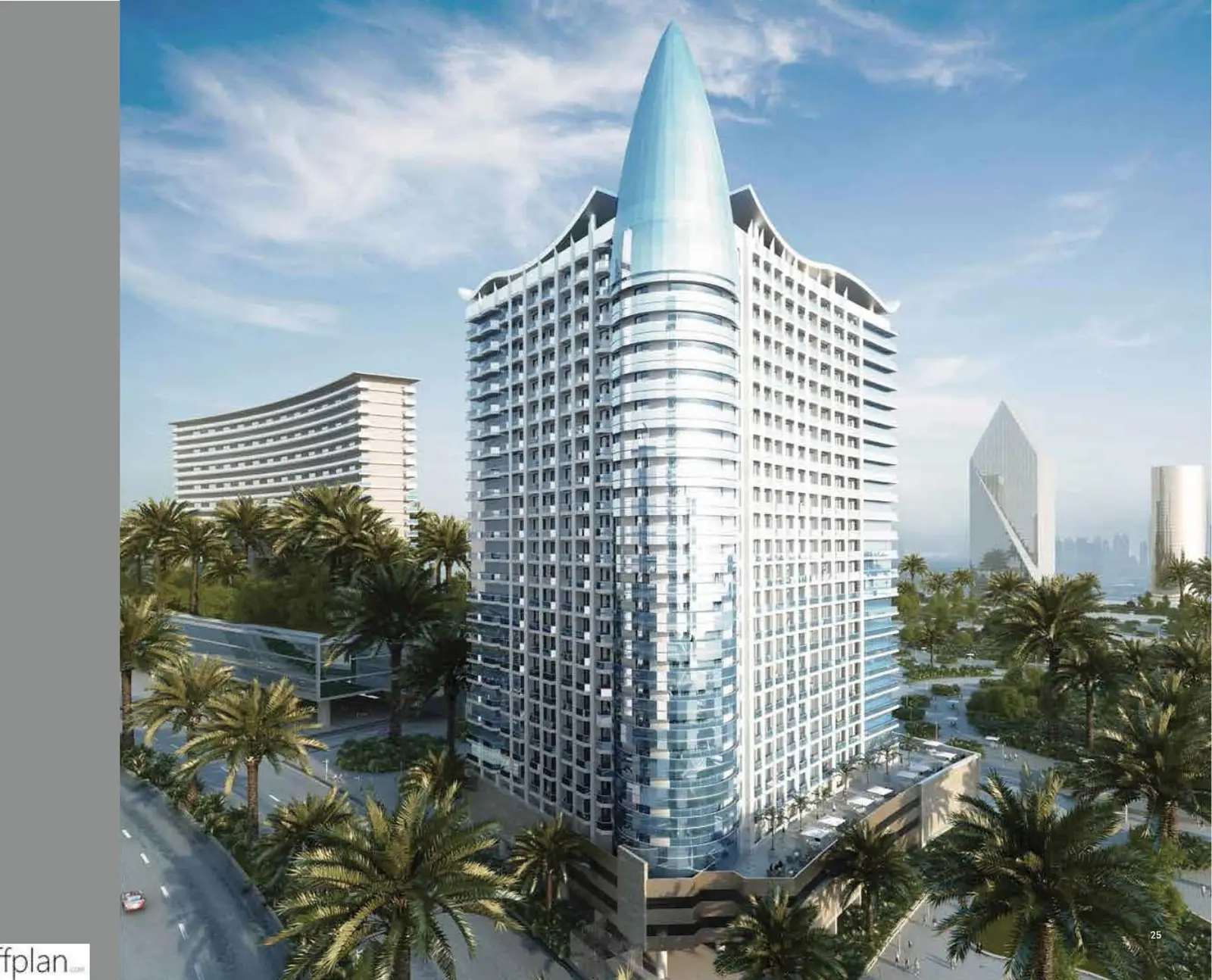 Curved glass tower with pointed crown among palms