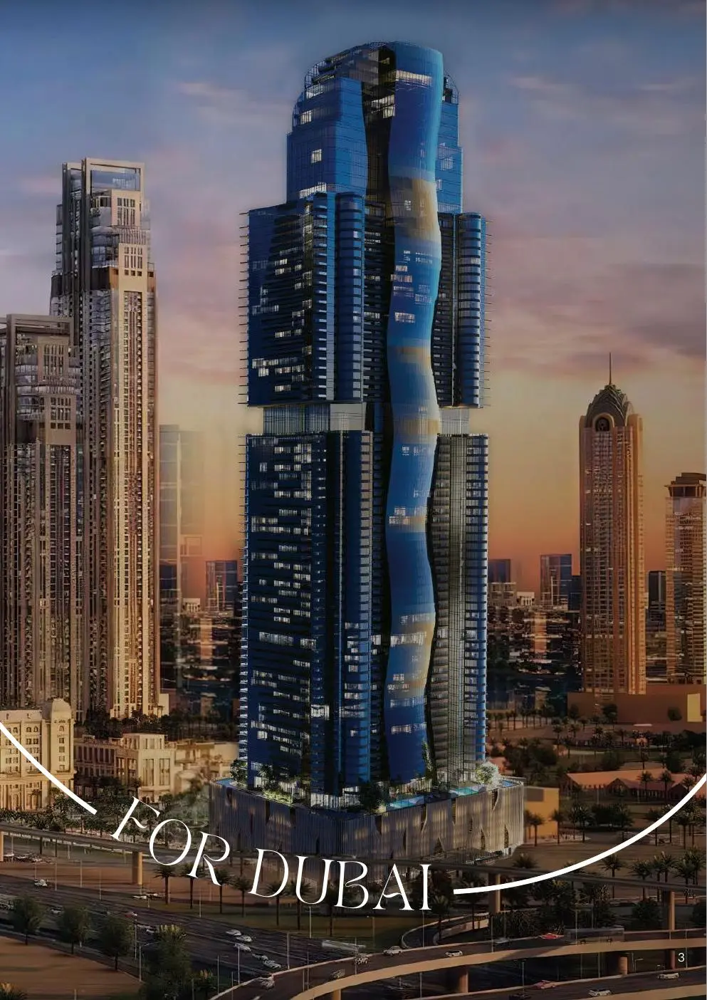 Wavy blue tower rising above the Dubai skyline at dusk