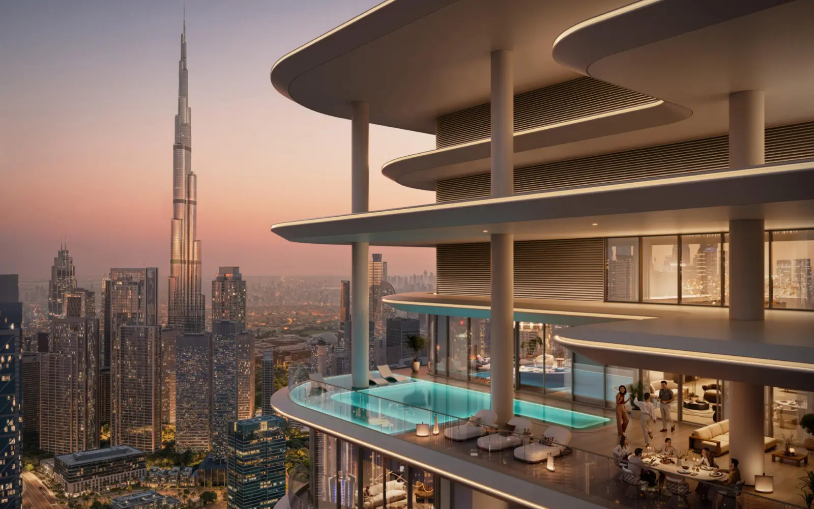 Tower balconies with a pool facing Burj Khalifa at dusk