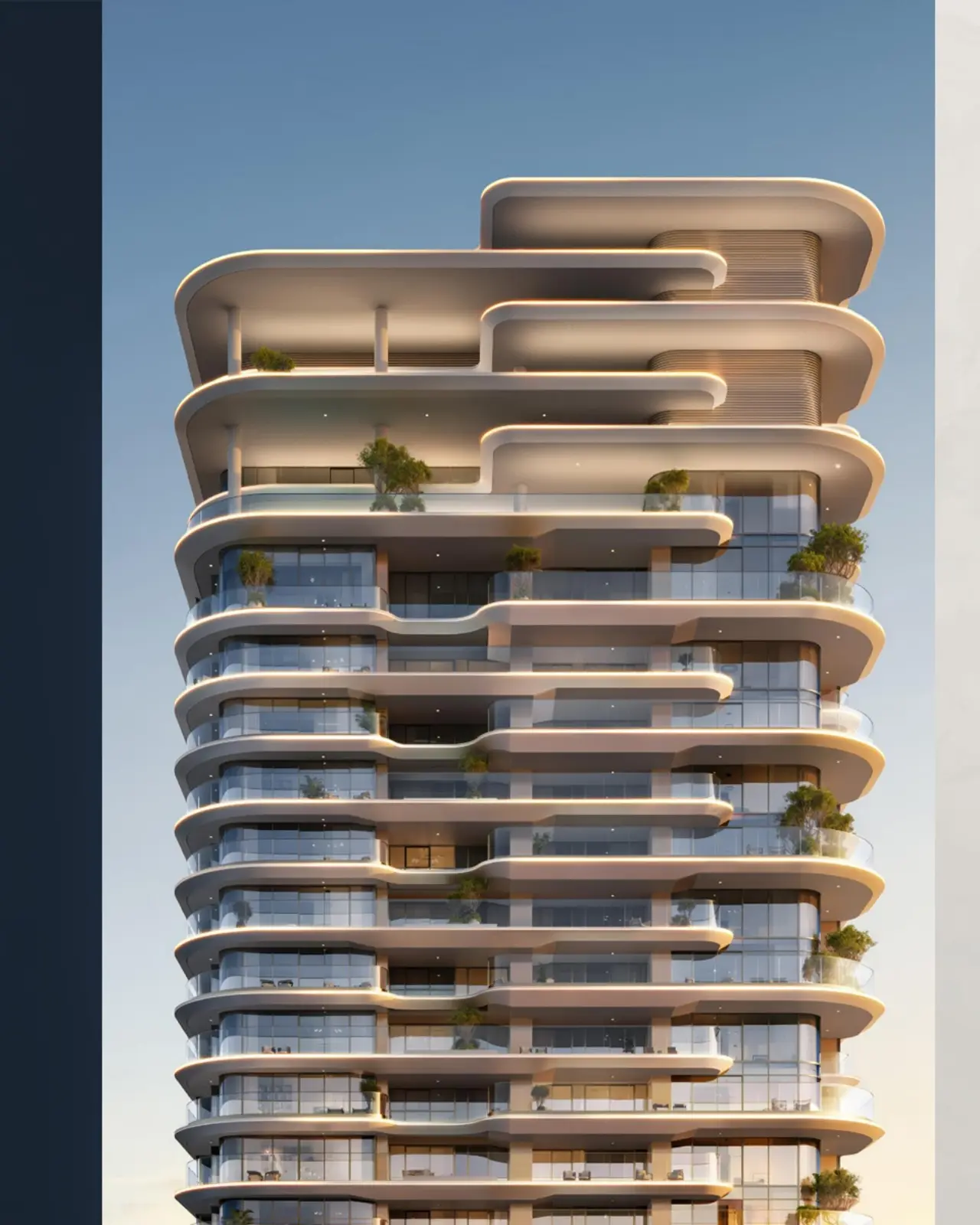 Upper tower with curved terraces and planting