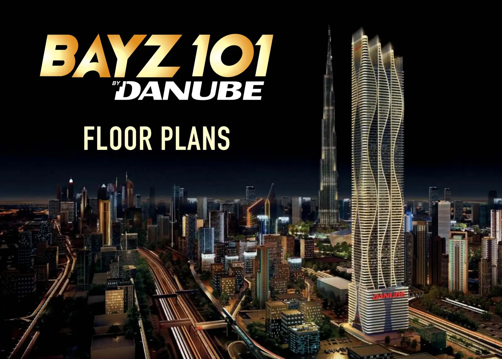 Night skyline view of the wavy-facade Bayz 101 tower