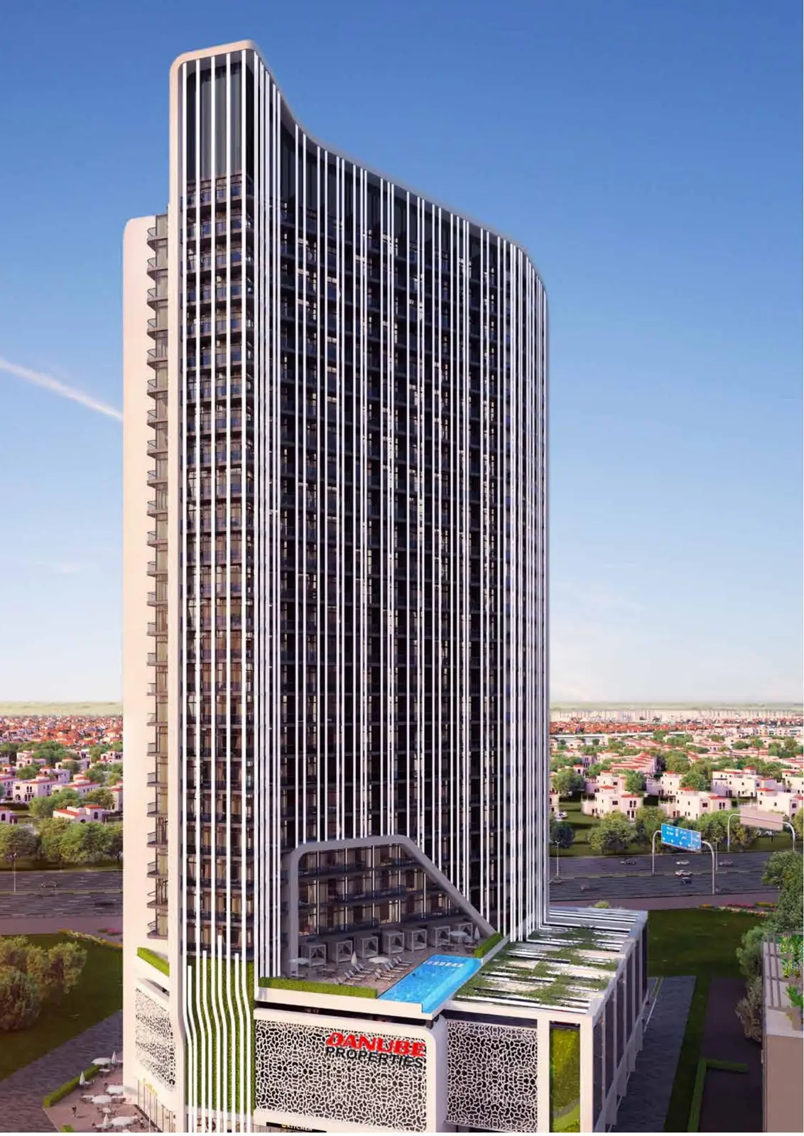Full tower exterior with podium and rooftop pool