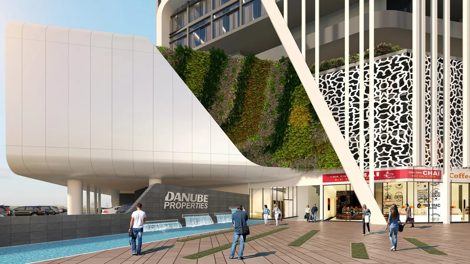 Tower base with green wall, retail shops and waterfall
