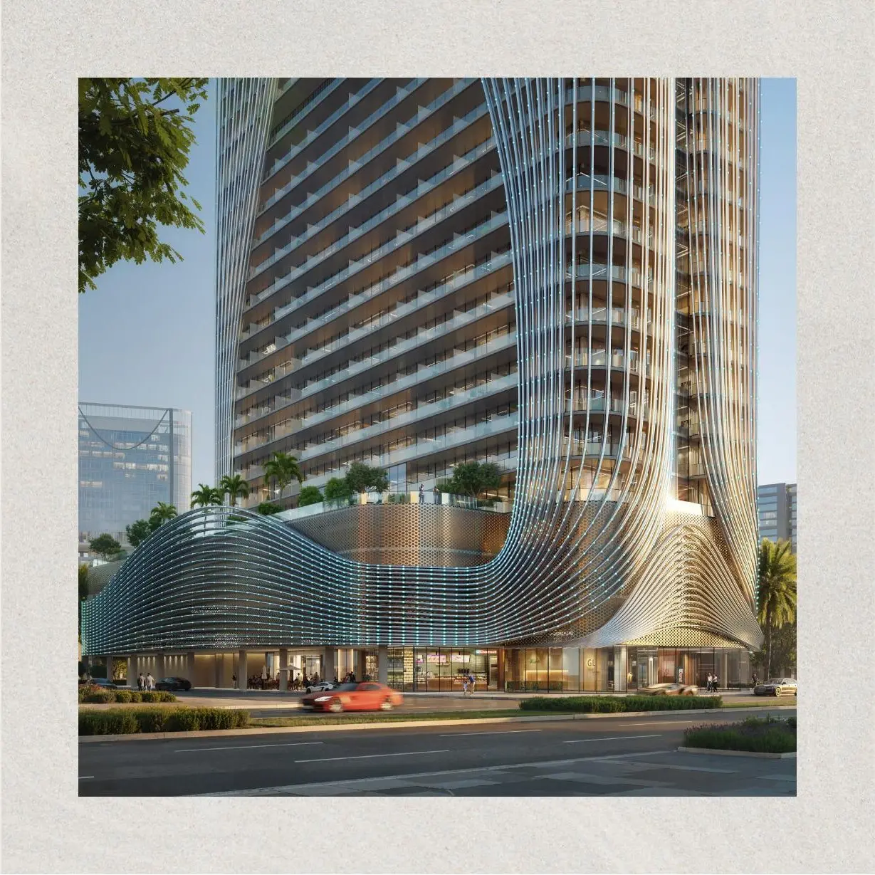 Curved fin facade at the tower base