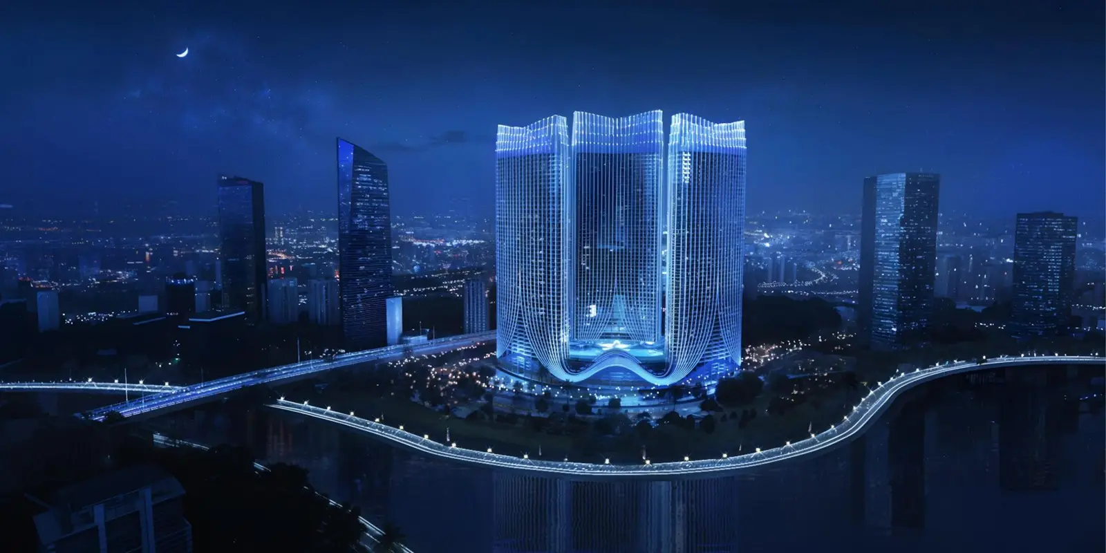 Towers lit in blue at night