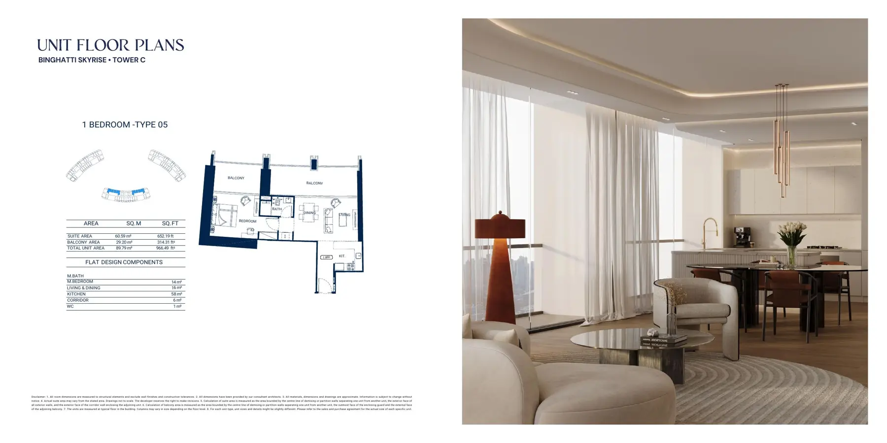One bedroom floor plan beside a living room render