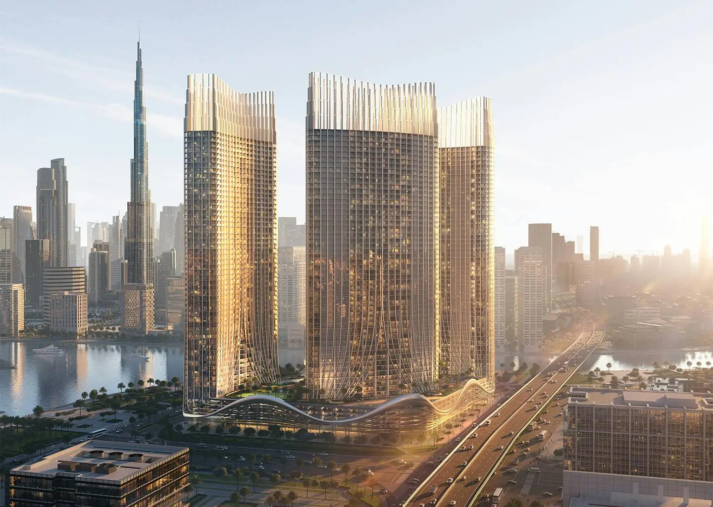 Towers at golden hour with Burj Khalifa