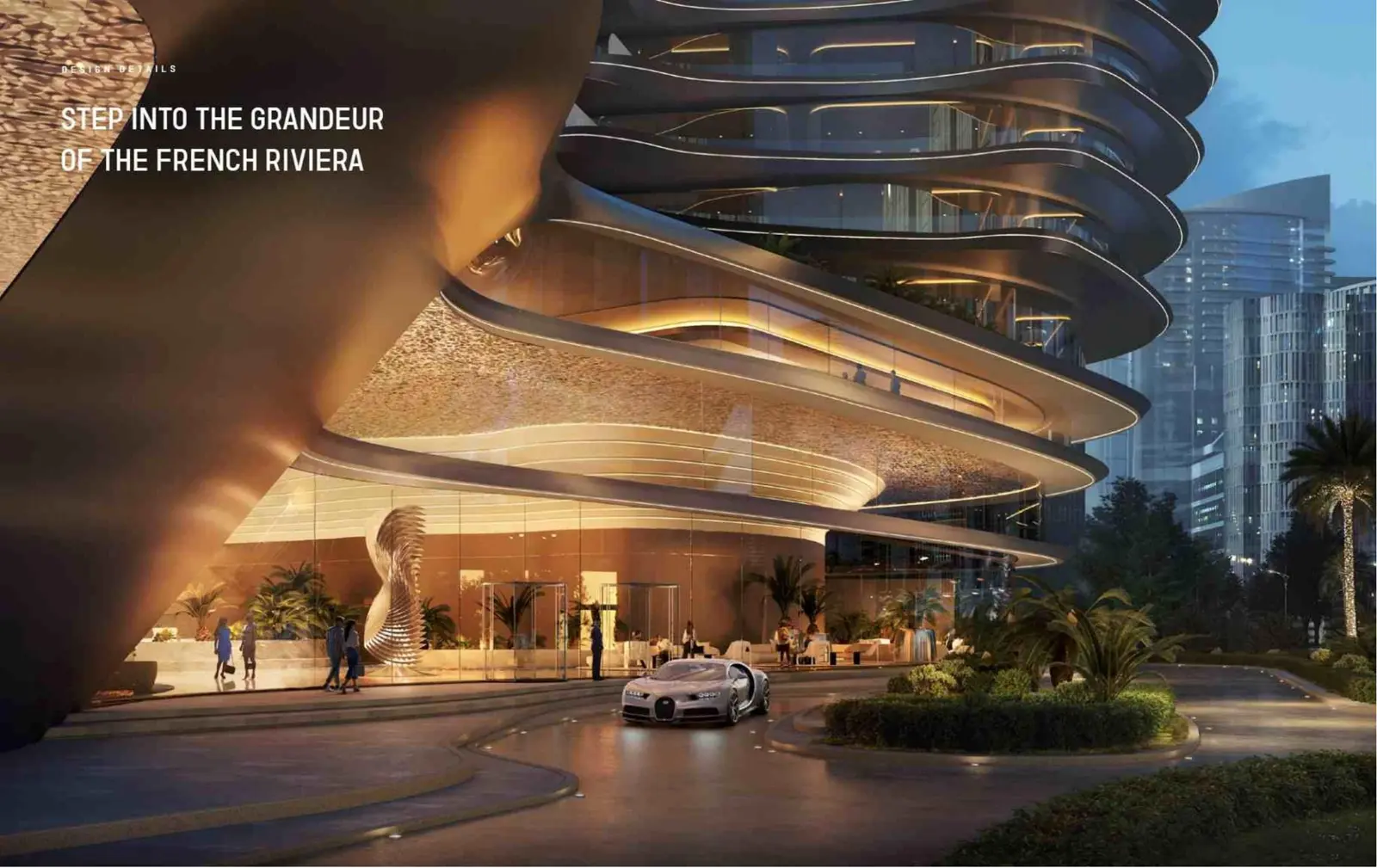 Entrance lobby at dusk with a Bugatti at the drop-off