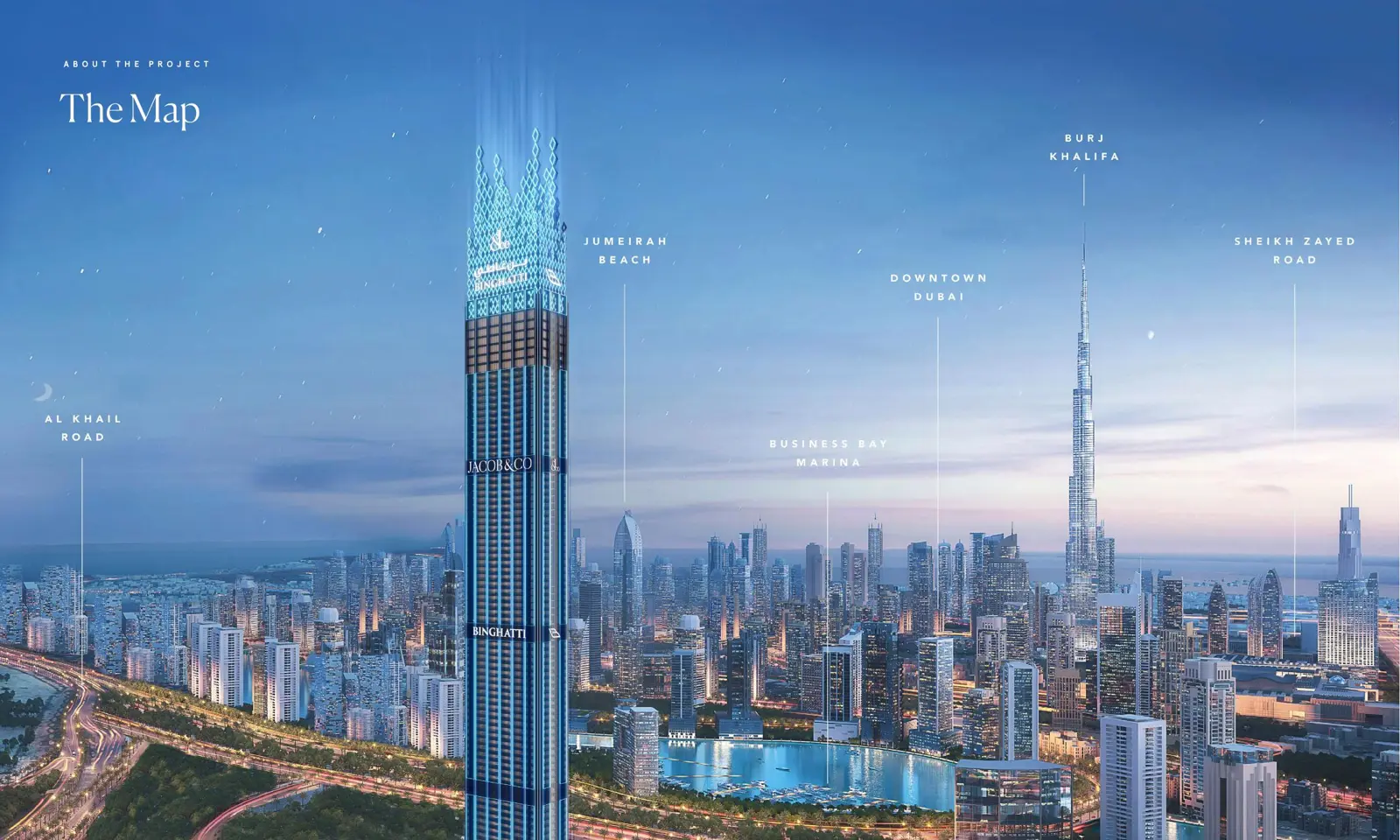 Tower rising above Business Bay and Dubai skyline